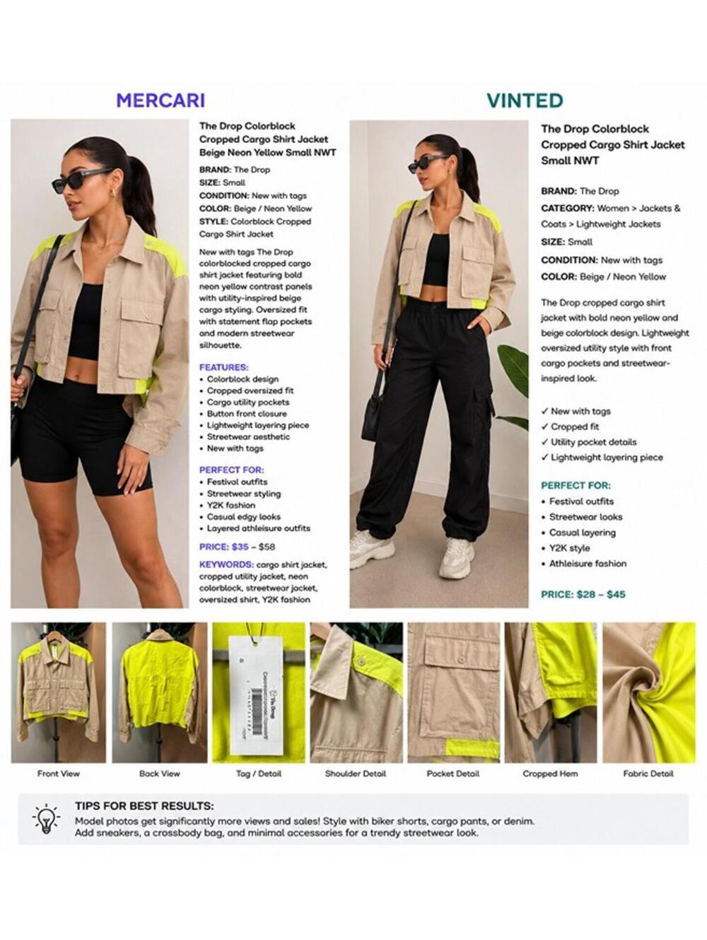 The Drop Colorblock Cropped Cargo Shirt Jacket Beige Neon Yellow Small NWT